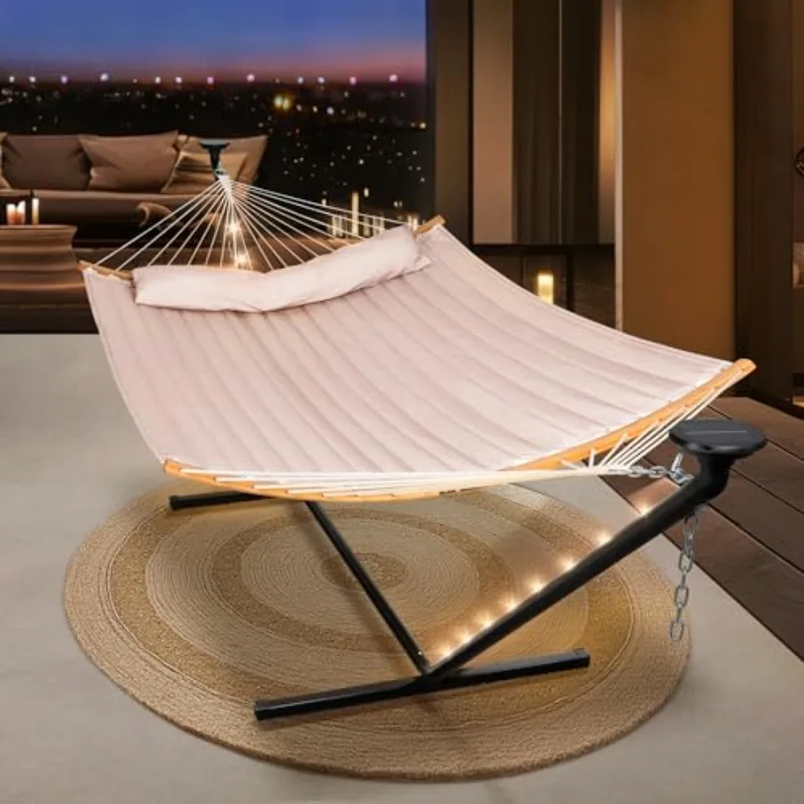 Outdoor 2-person hammock with solar-powered lights, tan polyester fabric, for backyard relaxation, includes 12 ft stand, lightw
