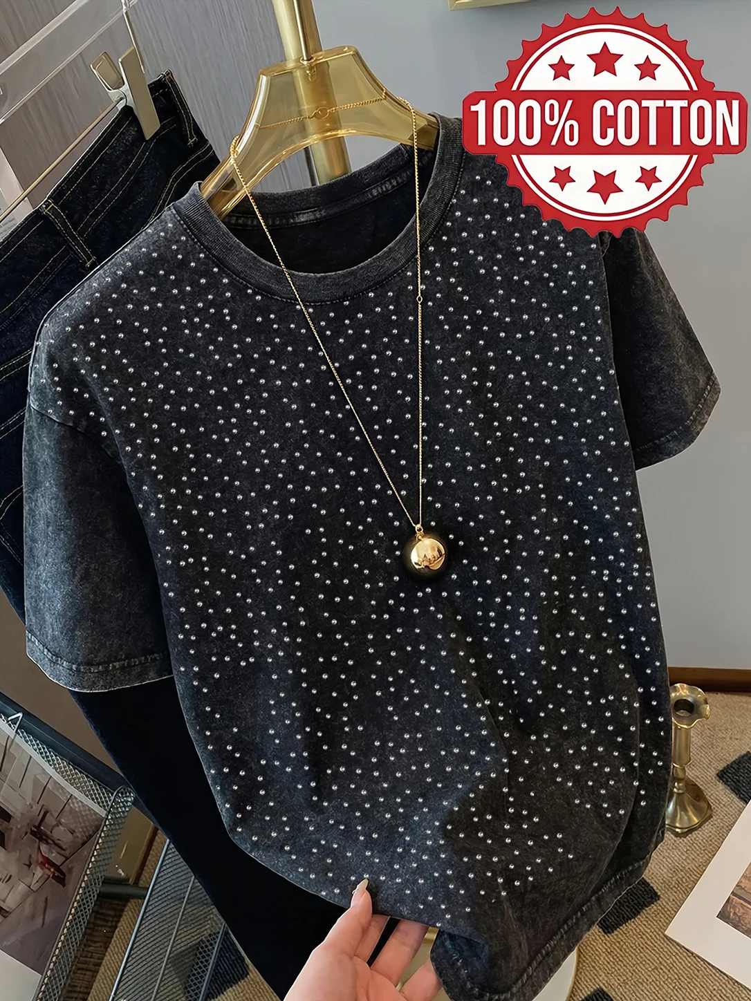 Rhinestone Craft Solid Family Washed T-Shirt Women Summer Oversized Tops Cotton Hip Hop Streetwear Breathable O-Neck T Shirt