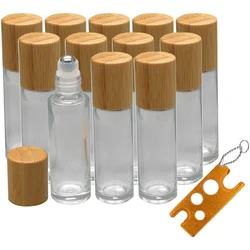 Botella enrollable de vidrio con tapa de bambú para aceites esenciales, botellas de Perfume rellenables con bola de rodillo de acero inoxidable, 12 piezas, 10ml