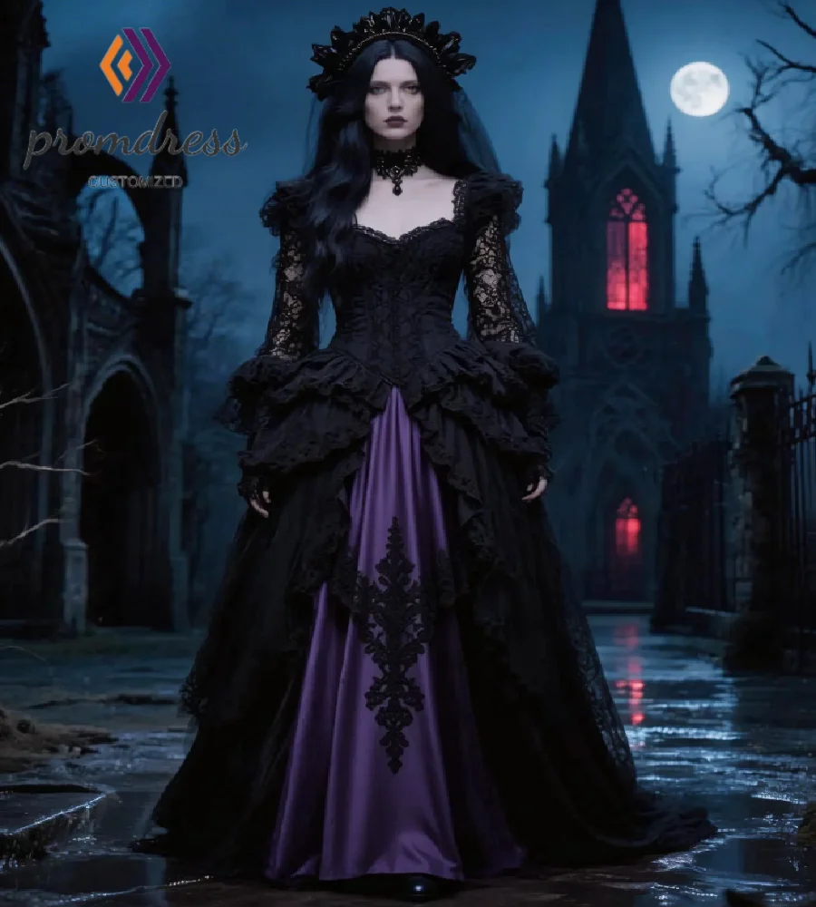 Victorian Black And Purple Gothic Wedding Dress Trend 2026 Lace Long Sleeve Medieval Vampire Celtic Bridal Gown A Line Withcy