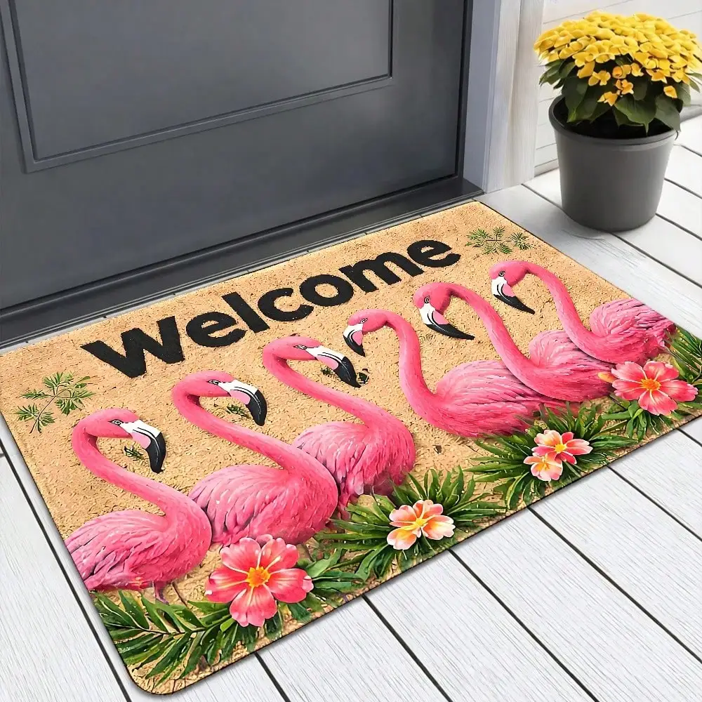 Newest Beach Sunset Flamingo Welcome Home Doormat, Tropical Seaside Palm Leaf Front Door Entrance Rug