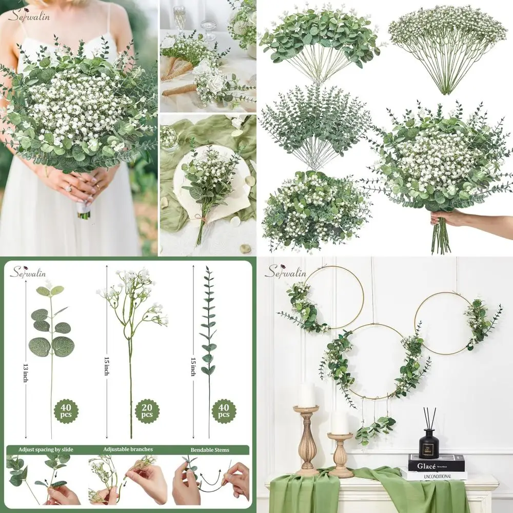 

100 Pcs Mixed Artificial Eucalyptus Stems,Babys Breath Artificial Flowers Bulk with Faux Eucalyptus Leaves Greenery Stems for We