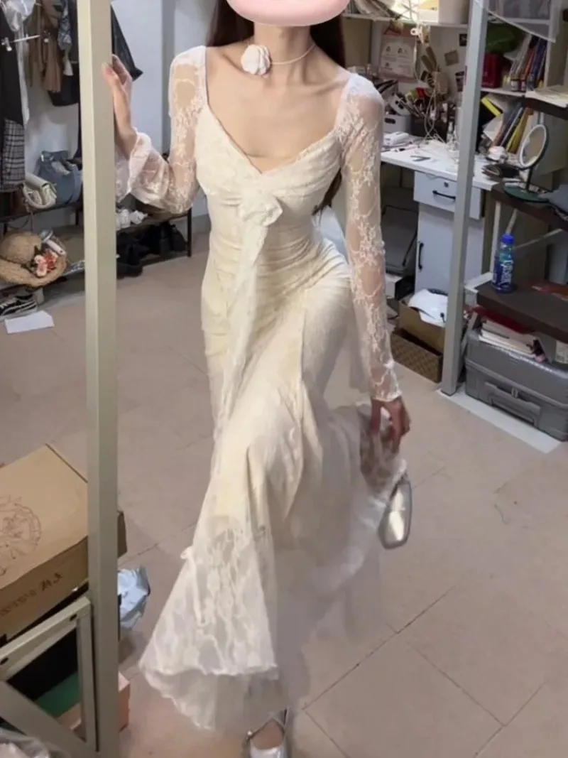 2025 New Summer Rose Ribbon V-neck Dresses Women Fashion Sexy  Lace Slim Fit Bodycon White Dress Women Clothing