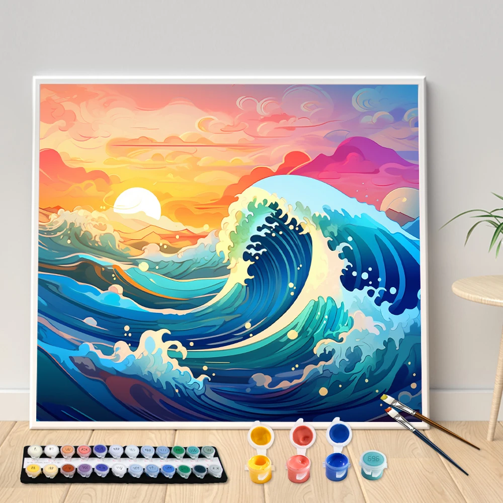 Acrylic Painting by Numbers Kit DIY Blue Waves Artwork Canvas Art Hand Painting Clouds in the Mountains Home Decoration Gift