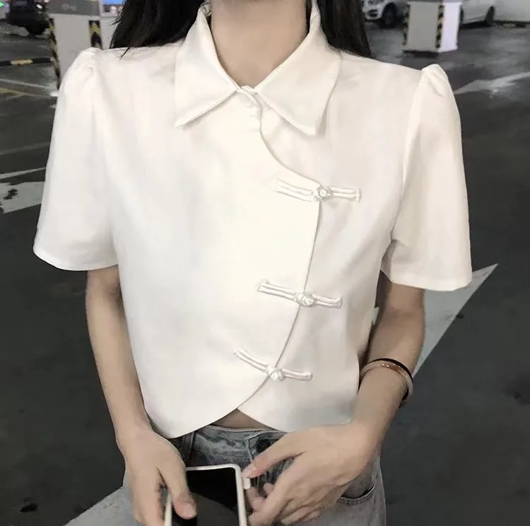 Chinese Style Shirts Women Modern Crop Tops Summer All-match Sweet Girl Hot Sale Irregular Fashion Young Lady Elegant Thin Shirt