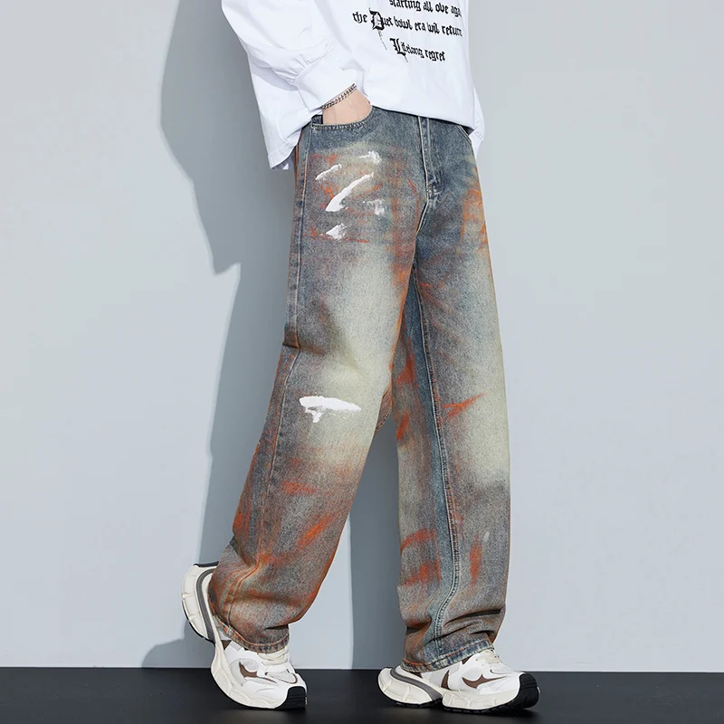

Винтажные рваные свободные уличные мужские джинсы в американском стиле, повседневные прямые широкие длинные брюки, модная уличная одежда