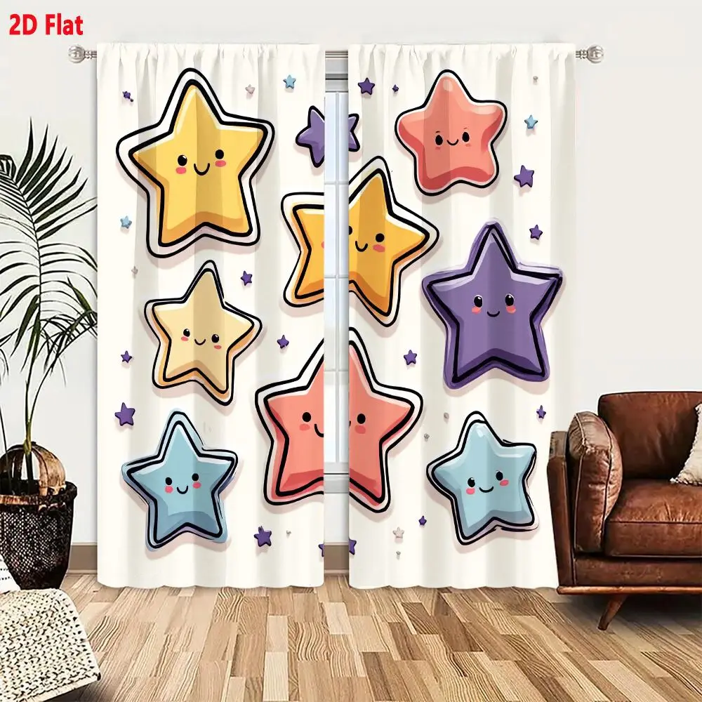 2Pcs Curtains 2D Flat Cheerful Colorful Anthropomorphic Stars With Cute Faces On Cream Background For Childrens Designs Window D