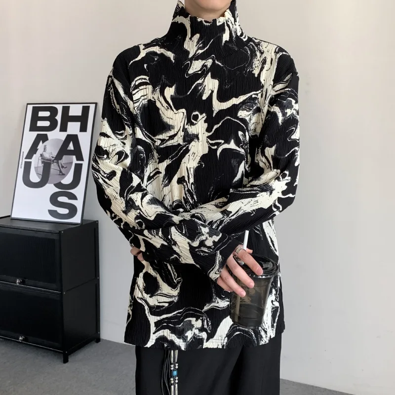 

SuperAen Spring 2024 High End Style Pleated High Necked Long Sleeved Top Casual Fashion Pullover Tshirt