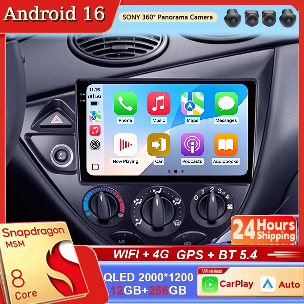 Android 16 For Ford Focus 1 LHD RHD 1998 - 2005 CarPlay&Auto Car Radio Stereo GPS Navigation Multimedia Player Wireless WIFI BT