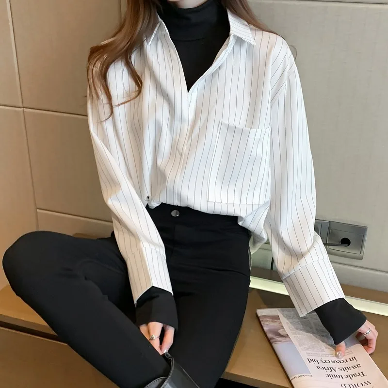 Blouse Women Fake 2pcs Striped Streetwear Casual Faddish All-match Long Sleeve Inner Popular Spring Autumn Female Clothes Trendy