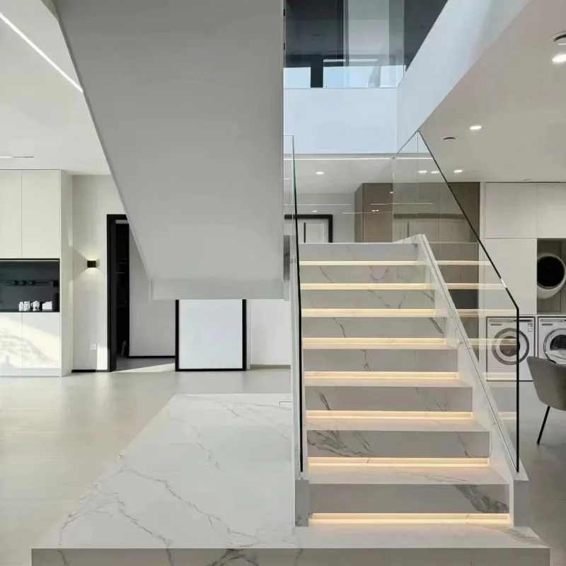 custom.Factory Price Easy-to-Install U-Type Stair with LED Lights Anti-Slip Treads Tempered Glass Wood Marble Staircase