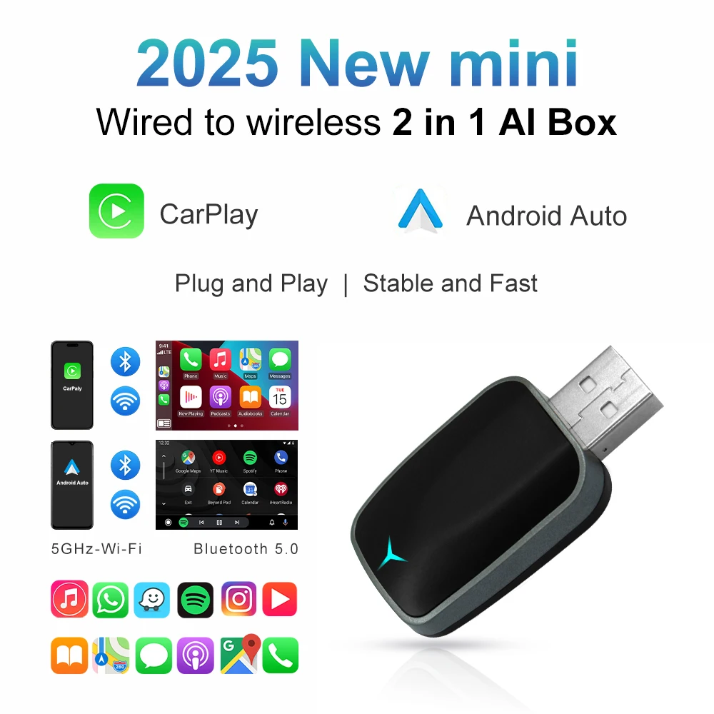 2025 NOWOŚĆ Bezprzewodowy Carplay AI Box 2 w 1 Android Auto Plug and Play Dotyczy konwersji oryginalnego przewodowego Carplay w samochodzie na bezprzewodowy
