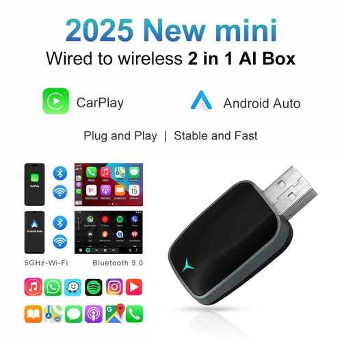 2025 nuevo 2 en 1 inalámbrico Carplay AI Box Android Auto Plug And Play aplicable para convertir el coche Original con cable Carplay a inalámbrico