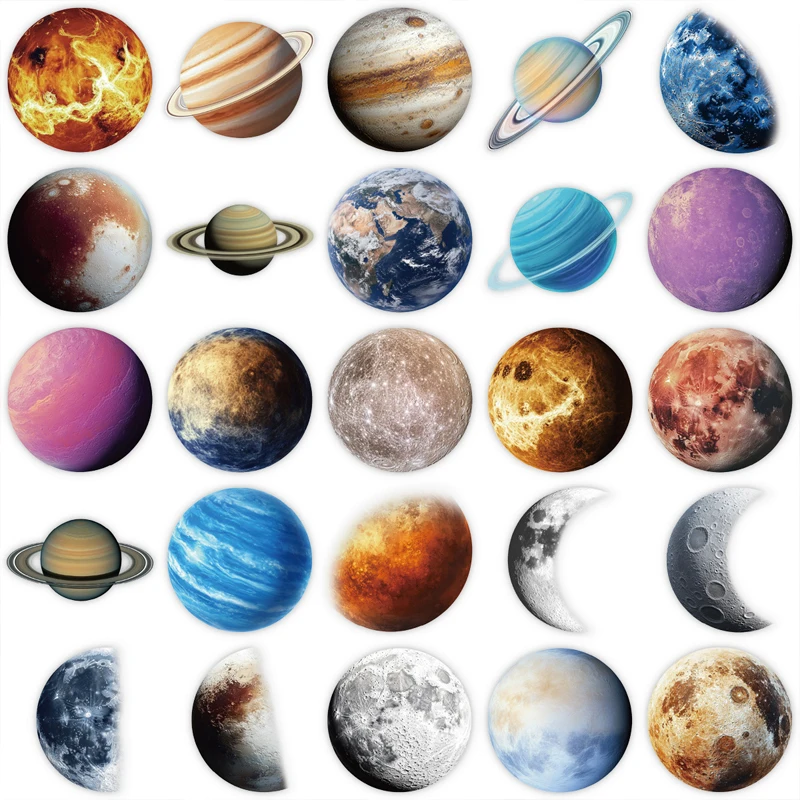 50 قطعة من ملصقات عالم الكوكب الكوني الكرتونية DIY كوب ماء مزخرف للكمبيوتر المحمول Galaxy Moon Mars شارات مقاومة للماء هدية ألعاب للأطفال