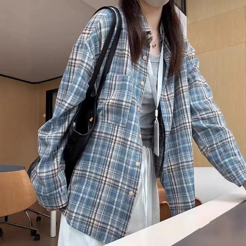 

Plaid Women's Shirt Long-sleeved Spring Autumn New Blouses Temperament French Top Cardigan