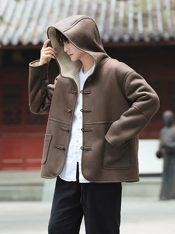 

Men's Winter Thiened Fur Lined Hooded Jaet Buttoned Chinese Sle Cotton Padded Coat Warmth Youth Faion Long Sve Coat