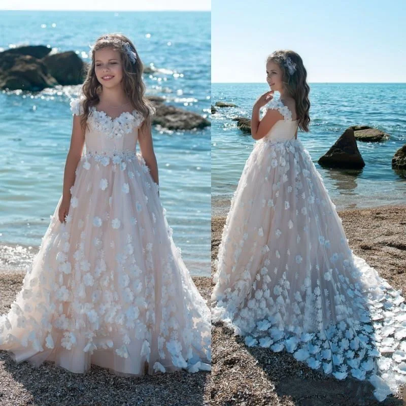 Vestido elegante de flores para niña, vestido de noche para desfile, apliques de perlas 3D, flores, largo hasta el suelo, ropa de primera comunión para boda, nuevo