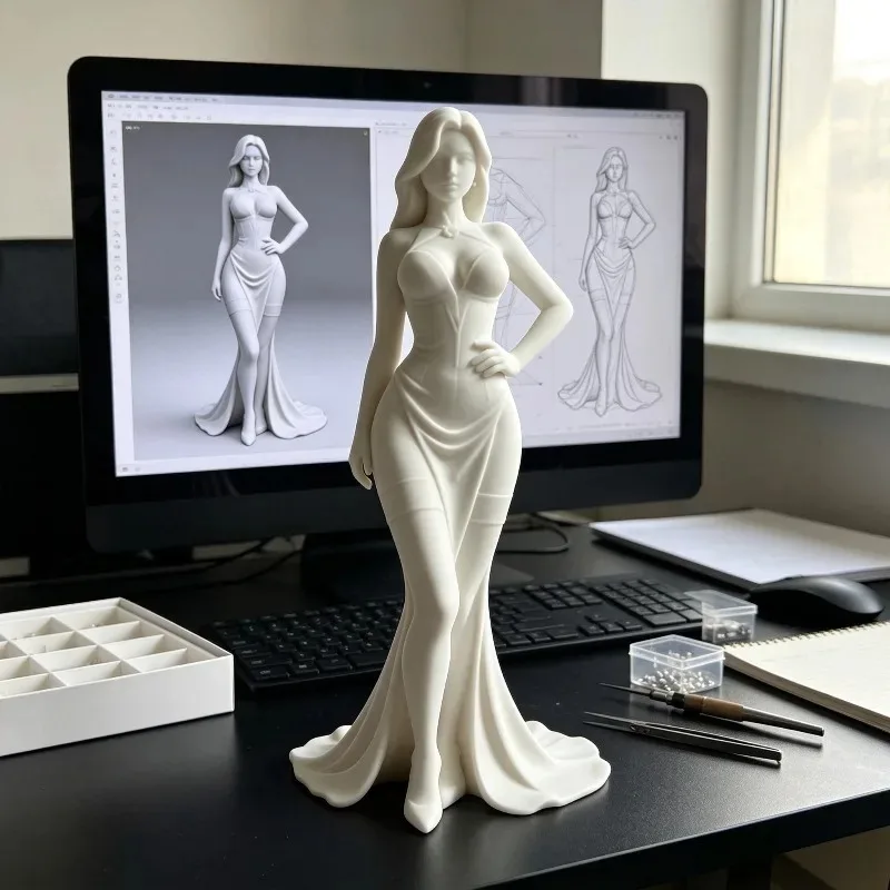 Elegant Gown Woman Statue Plastic Female Figurine Long Dress Lady Sculpture Desktop Ornament Modern Art Home Tabletop Decor Gift