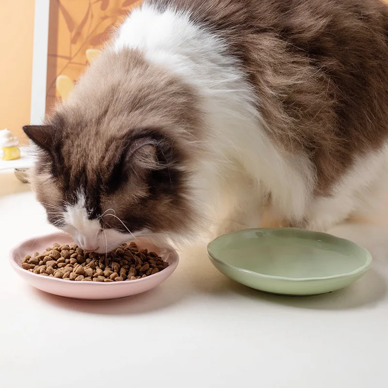 No Black Chin Cat Bowl Handmade Texture Ceramic Pet Plate Non-slip Bottom Shallow Cat Food Dish for Wet & Dry Food