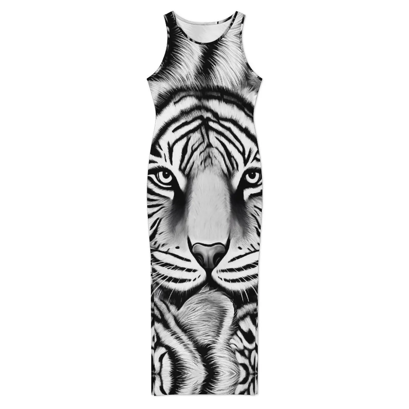 สีดําและสีขาวเสือชุดแขนกุด Retro สัตว์แฟชั่น Maxi ชุดคลับเซ็กซี่ชุดเข้ารูปหญิงพิมพ์ขนาดใหญ่ Vestido