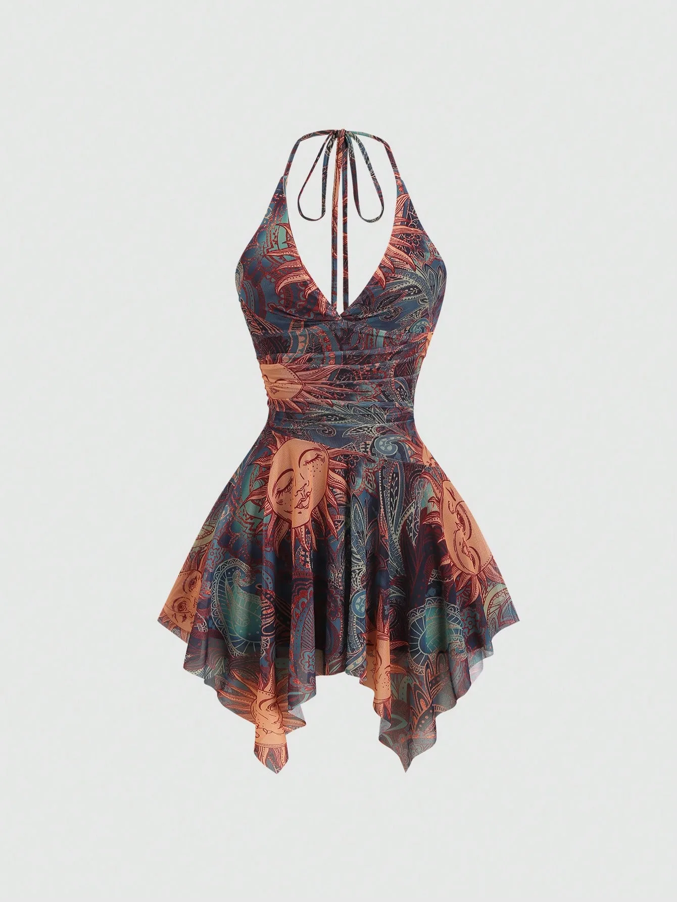 Europe and the United States new holiday net gauze V-neck halter skirt sexy irregular hem all match dress trend fashion summer