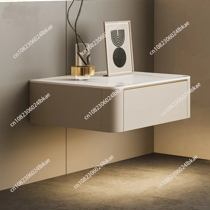 

Modern minimalist floating nightstand with sintered stone top and drawer - creative bedroom bedside storage cabinet