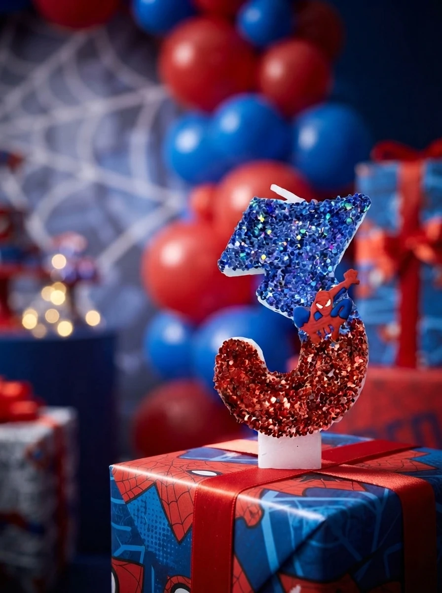 Bougie numérique dynamique bleue et rouge Spider-Man, cadeau de décoration pour Halloween et les fêtes, bougie d'anniversaire et de célébration.