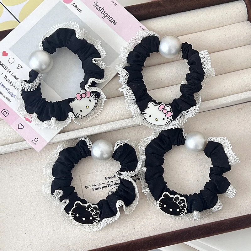 Sanrio Hello Kitty Hair Accessories For Women Girls Elastic Scrunchies Sweet Versatile Pearl Rubber Band Fashion Hair Ring Gift