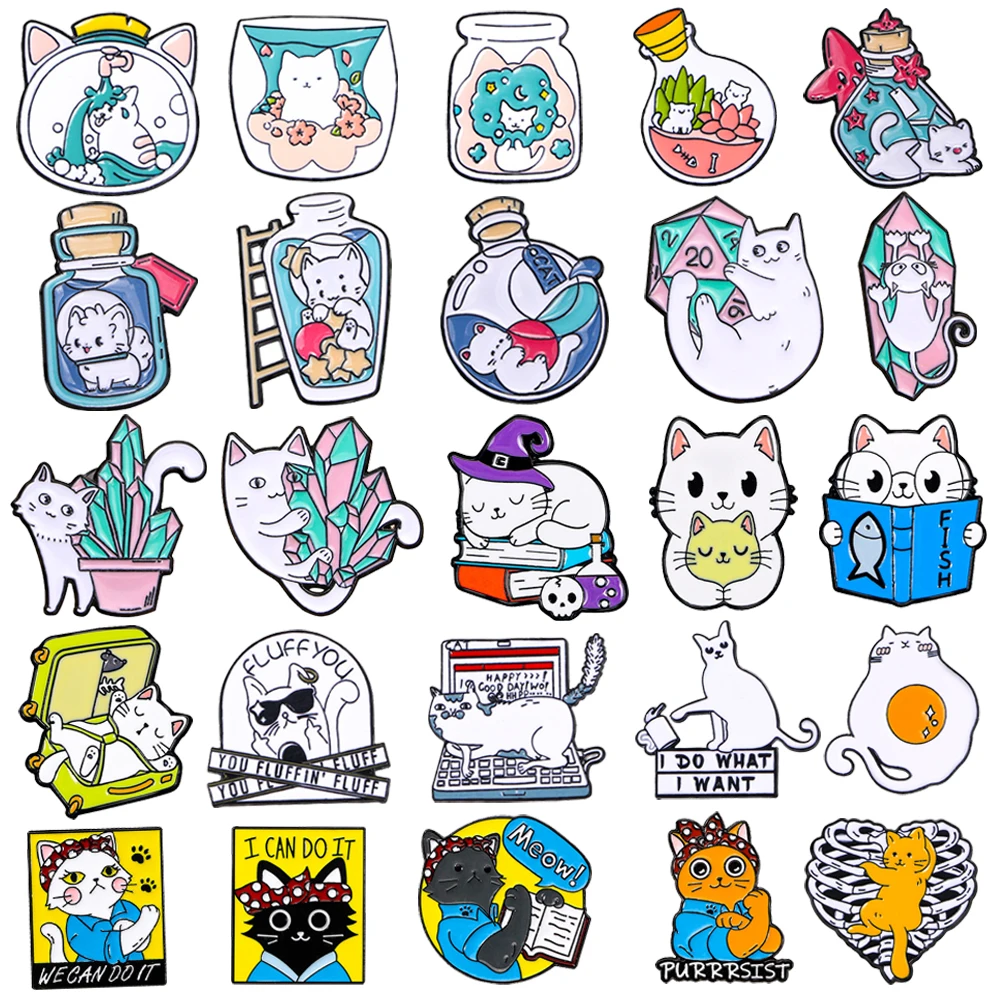 

Cartoon Crystal White Cat Enamel Brooches Creative Dice Drift Bottle Jar Books Skull Kitty Lapel Pins Animals Badges Jewelry