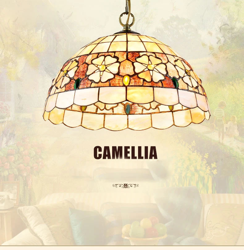 Mediterranean Sea Style Tiffany Camellia Round Shell Lampshade Chain Ging Ceiling Lamp E27 LED Ceiling Light Luminarias