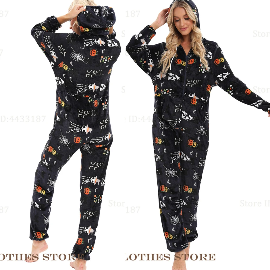 Halloween Adult Female Jumpsuit Pajama Kigurumi Cosplat Costume Autumn Winter Flannel Hooded Onesies Sleepwear Home Clothes