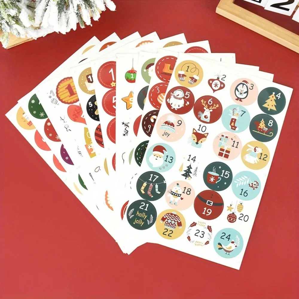 4 Blatt niedliche Weihnachtsaufkleber, Weihnachtsaufkleber mit den Nummern 1-24 für DIY-Weihnachts-Countdown-Kalender, Geschenkversiegelungsaufkleber