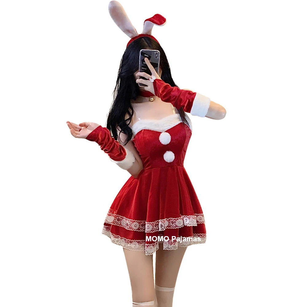 Red Pink Women Mrs. Santa Claus Costume Cosplay Christmas Velvet Dress Sexy Ladies Nightwear Xmas Lolita Kawaii Bunny Costume