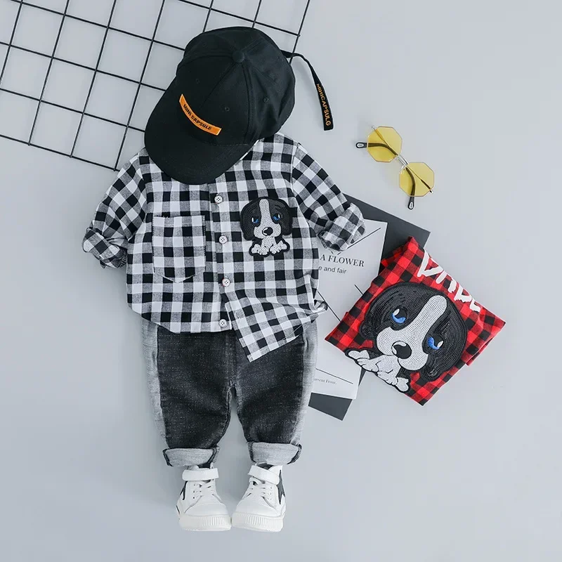 Children Clothing Sets Baby Boys Plaid Shirt Pants 2 Pieces Suit Toddler Infant Outfits Clothes Cartoon Dog Kids Spring Costume