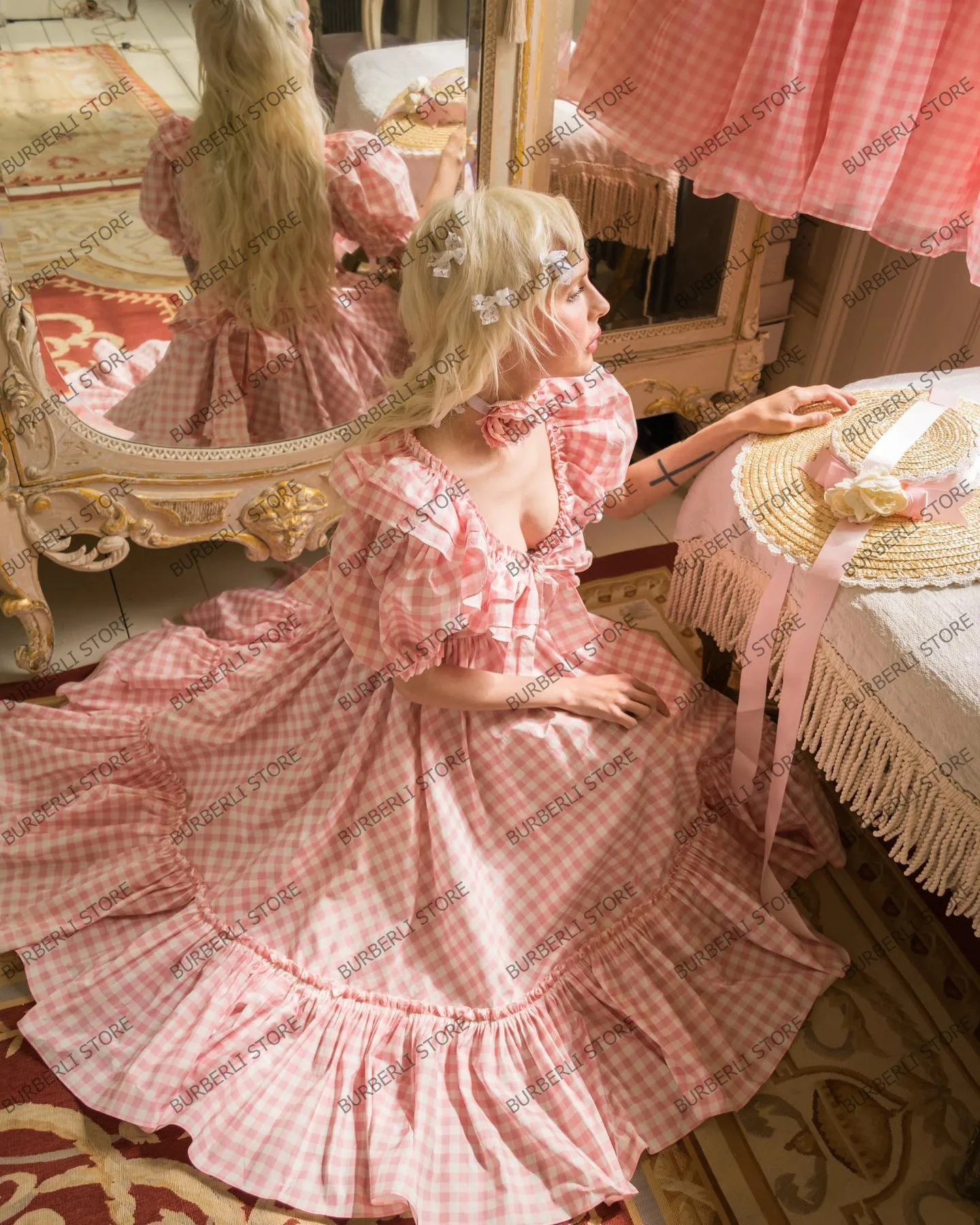 Lovely Bow Lattice Tutu Summer Dress Swwet Ruffles Puff Sleeves A Line Prom Party Gowns Cute V Neck Photography Dresses