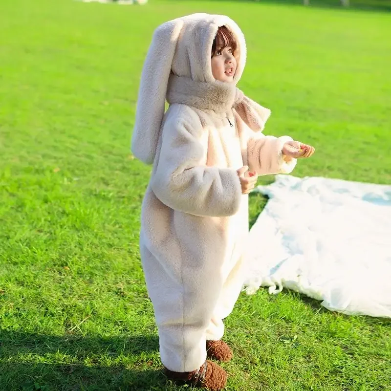 Cartoon Long-Eared Rabbit Baby Girls Clothes Romper Jumpsuits Winter Thicken Children Clothing Festival Party Baby Soft Outfits