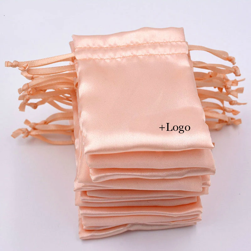 50PCS Satin Drawstring Pouch High Grade Champagne Silk Jewelry Bag Necklace Bead Storage Gift Wrapping Sachet Soft Print Logo