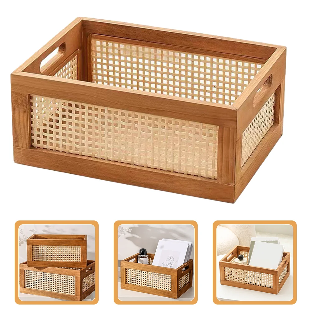

Solid Wood Vintage Rattan Storage Box Toy Shelves Bathroom Organizing Baskets Finishing Wooden Retro Nursery
