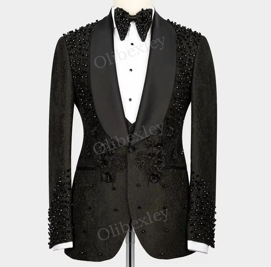 

Olibexley Men's Suits 2 Pieces Luxury Customized Beaded Crystals One Button Slim Fit Male Wedding Groom Business Prom