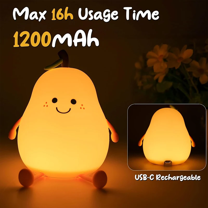 ไฟกลางคืนสำหรับเด็กรูปลูกแพร์น่ารักไฟกลางคืนหรี่ได้7สีโคมไฟชาร์จ USB กลางคืนสำหรับข้างเตียงนอนห้อง