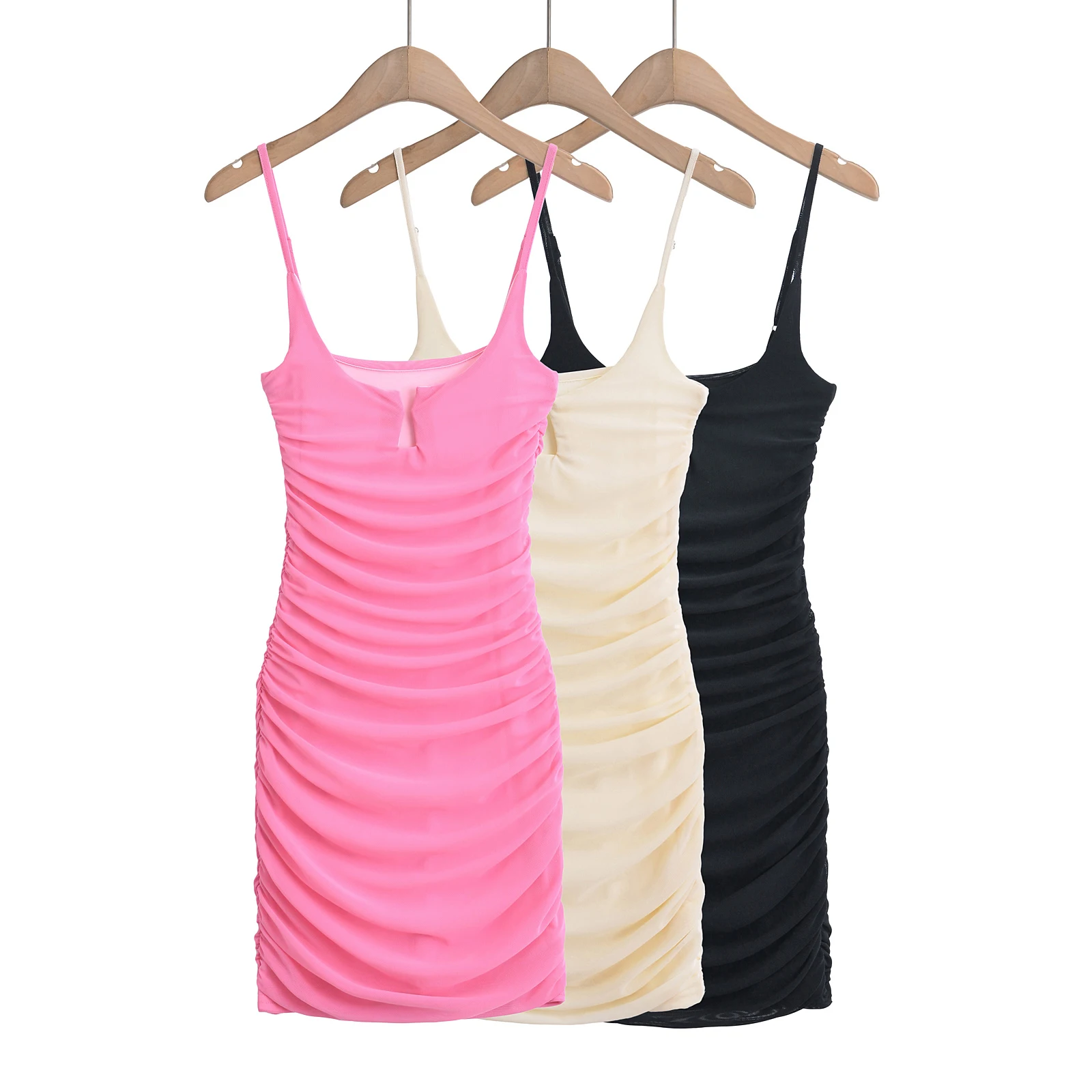 Mini vestidos de fiesta de noche para mujer, ropa de verano, vestido de malla rosa, ceñido al cuerpo, Sexy, camisola de noche con fecha, fruncido, negro, 2024