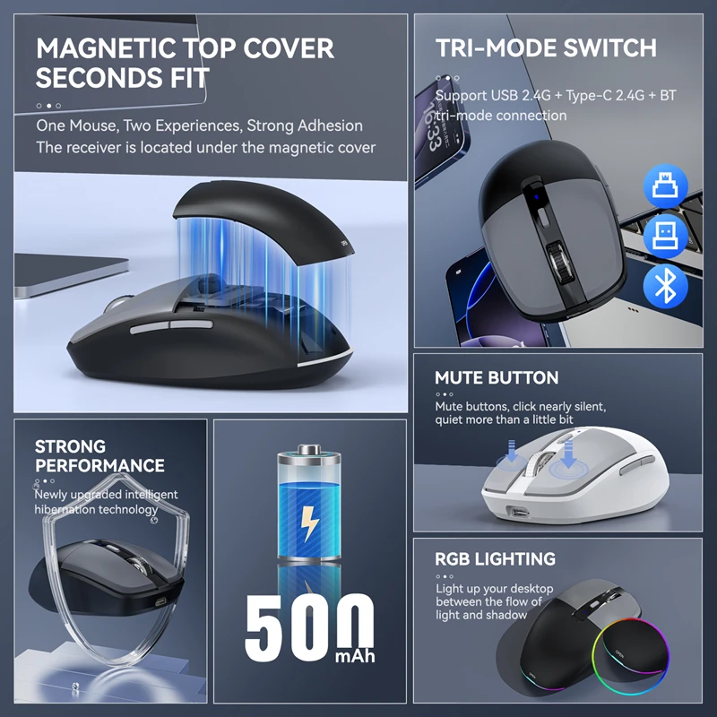 ماوس Xiaomi ثلاثي الوضع مع أجهزة استقبال مزدوجة Type-C/USB 2.4G بلوتوث 5.1 ماوس لاسلكي RGB شحن ماوس صامت لنظام Android IOS #6