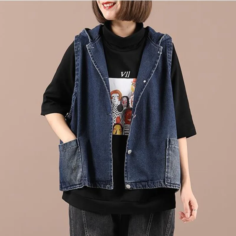 Spring Autumn Women\'s Vest Korean Loose Casual Print Hooded Waistcoat Pocket Sleeveless Denim Jacket Female