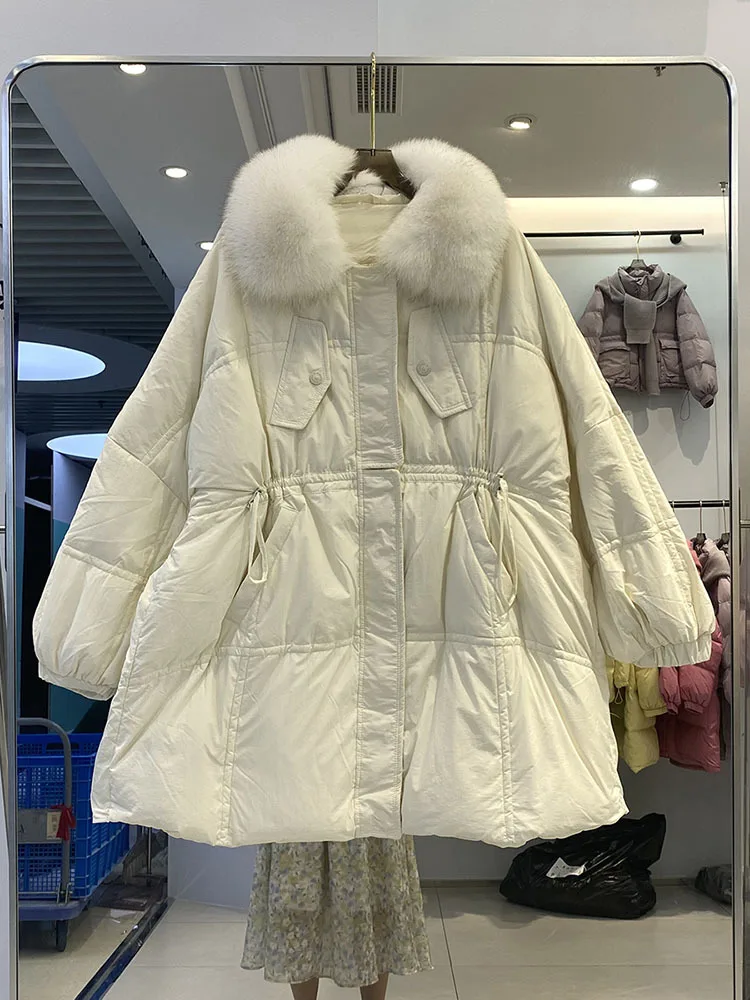 Korean Large Fox Fur Collar Long Down Jacket Women 2023 New Loose Casual Winter Oversized White Duck Down Coats Thick Warm Parka