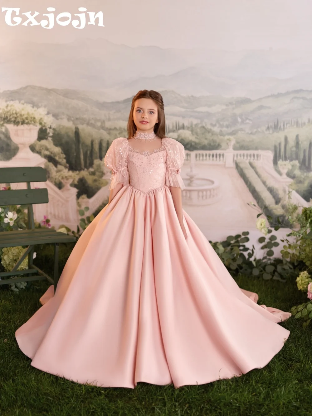 Flower Girls Dresses For Wedding Dazzling Lace Beaded Puff Sleeve Kids Princess Gown Birthday Party Wear Satin Pageant Dress