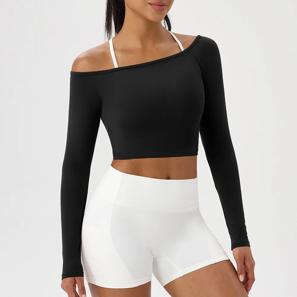 Women Sexy Off Shoulder Yoga Top Long Sleeve Gym Running Top Solid Quick-Dry Sport Workout Shirt image 3