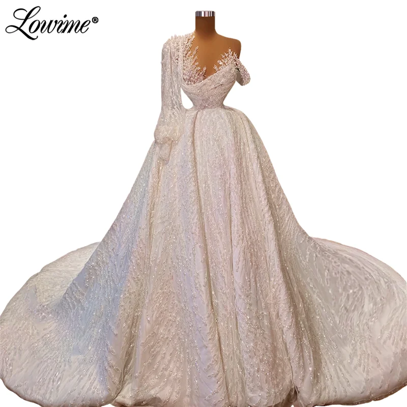 Lowime árabe muçulmano manga longa vestidos de casamento pérolas frisado dubai lantejoulas a linha vestidos de noiva 2022 couture vestido de noiva