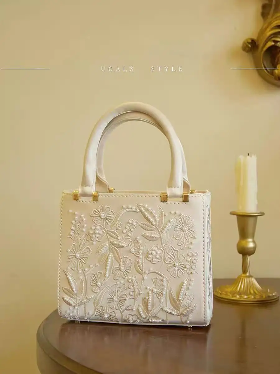 

Pearl Beaded Fashion Embroidery Floral Square Bag Women Handbag Textured Casual Tote Bag Luxury Clutch Purse Crossbody Bag