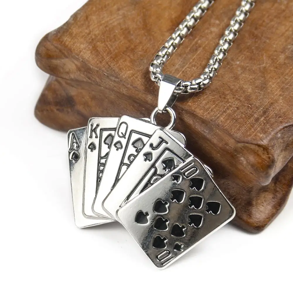 Hip Hop Punk Spade Playing Card Poker Stainless Steel Necklace Gambler Charm Pendant Boyfriend Male Dangle Choker Chain Jewelry