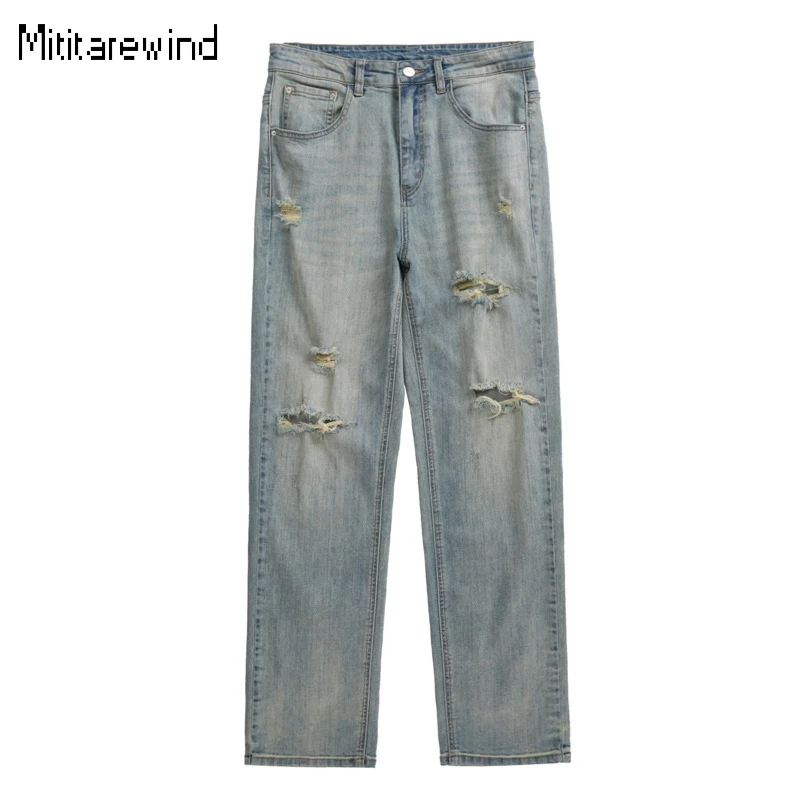 

2024 Spring Summer New Men's Jeans High Street Ripped Jeans Washed and Distressed Straight Baggy Jeans Youth Fashion Denim Pant